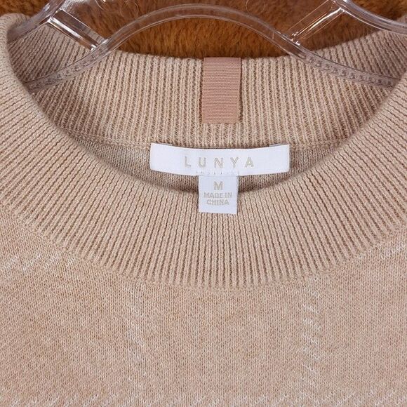 LUNYA Sweater Womens Medium Tan Plaid Crew Cozy Cotton Silk Pullover Comfort - Picture 3 of 8